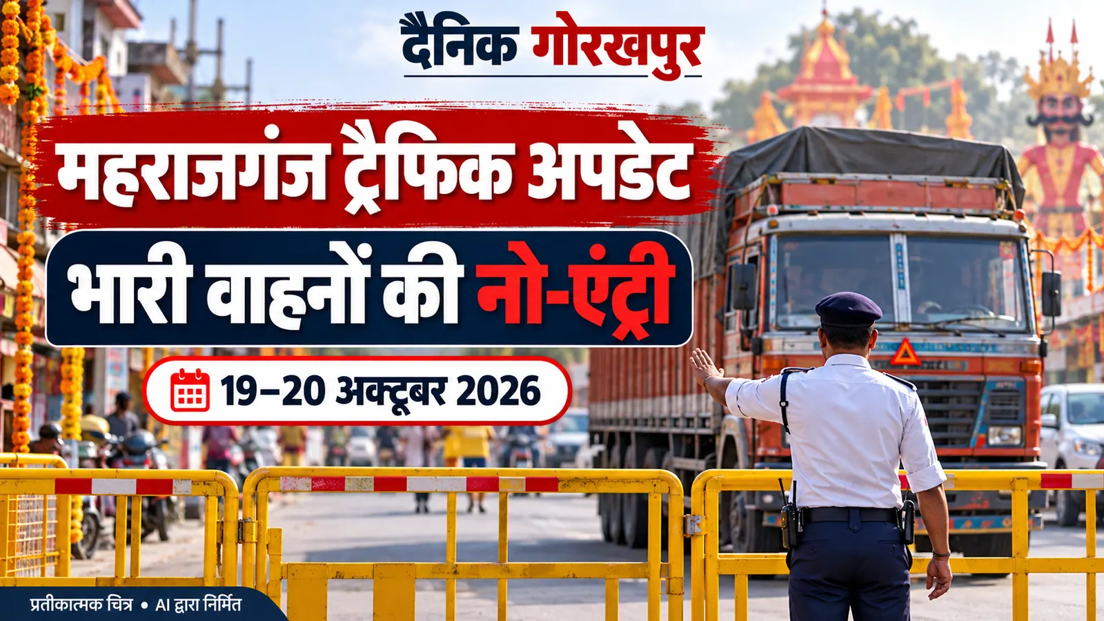 महराजगंज में भारी वाहनों की नो-एंट्री और यातायात व्यवस्था दर्शाता AI निर्मित प्रतीकात्मक चित्र।